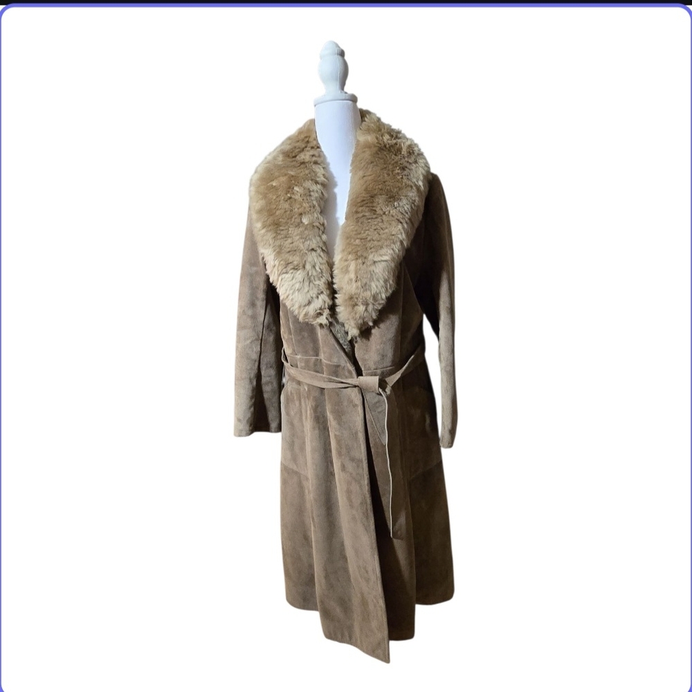 A&F Originals Leather Heavy Coat With Fur Trim And Waist Belt